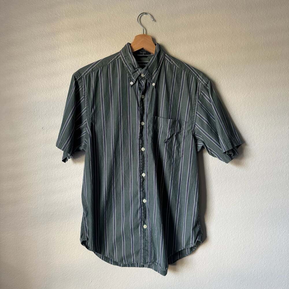 Vintage Y2K Nautica Striped Button Down Shirt Green Navy S 90s Preppy